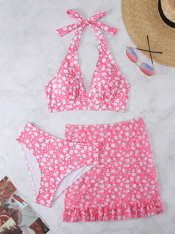 New three-piece swimsuit female small floral Bikini