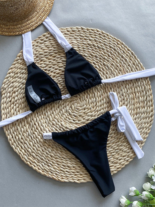 New halter neck color matching bikini black and white strap triangle cup women&