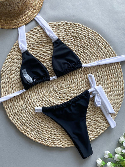 New halter neck color matching bikini black and white strap triangle cup women&