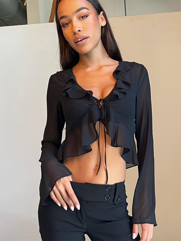 New style ruffled lace-up deep V-neck long-sleeved transparent top