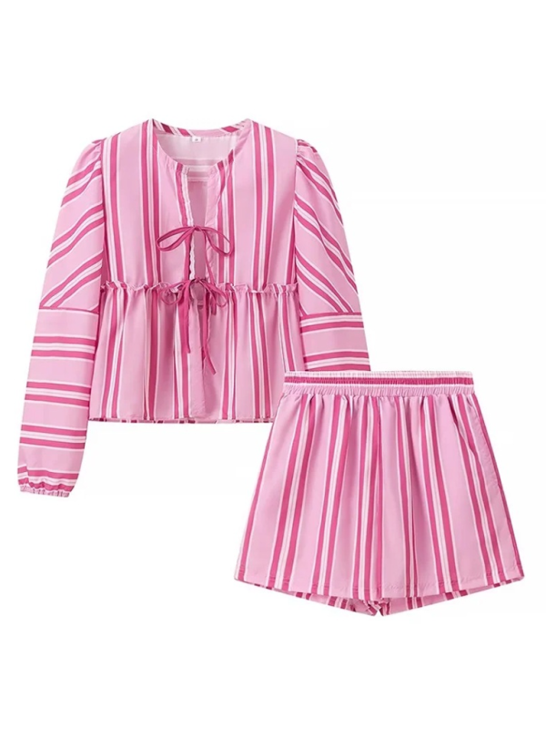 New Striped Lace-up Lantern Sleeve Shorts Set