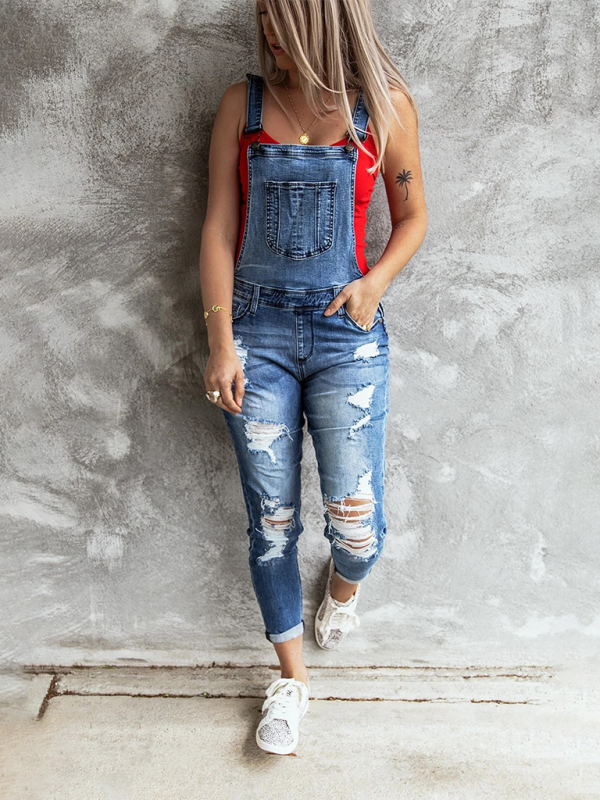 Vintage ripped stretch denim overalls