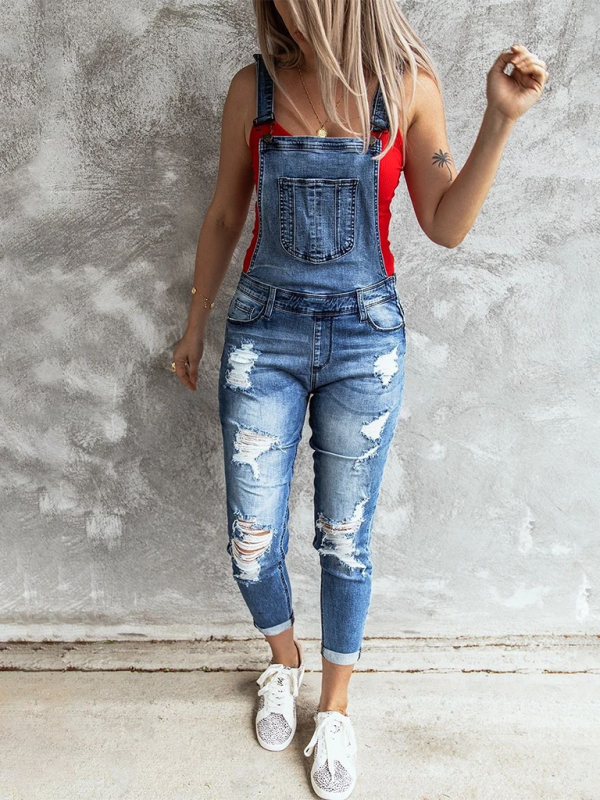 Vintage ripped stretch denim overalls