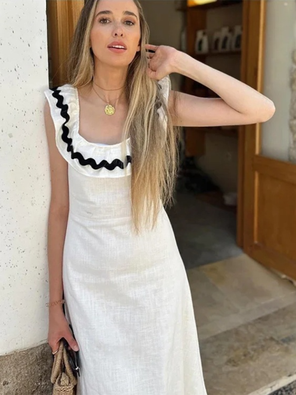 Gerüschtes Colorblock-Kleid für Damen mit eckigem Ausschnitt