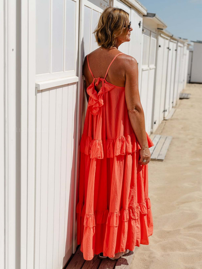 Neues langes Rüschenkleid im Urlaubsstil mit langem Schwung und elegantes Strandkleid 