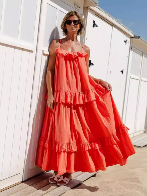 Neues langes Rüschenkleid im Urlaubsstil mit langem Schwung und elegantes Strandkleid 