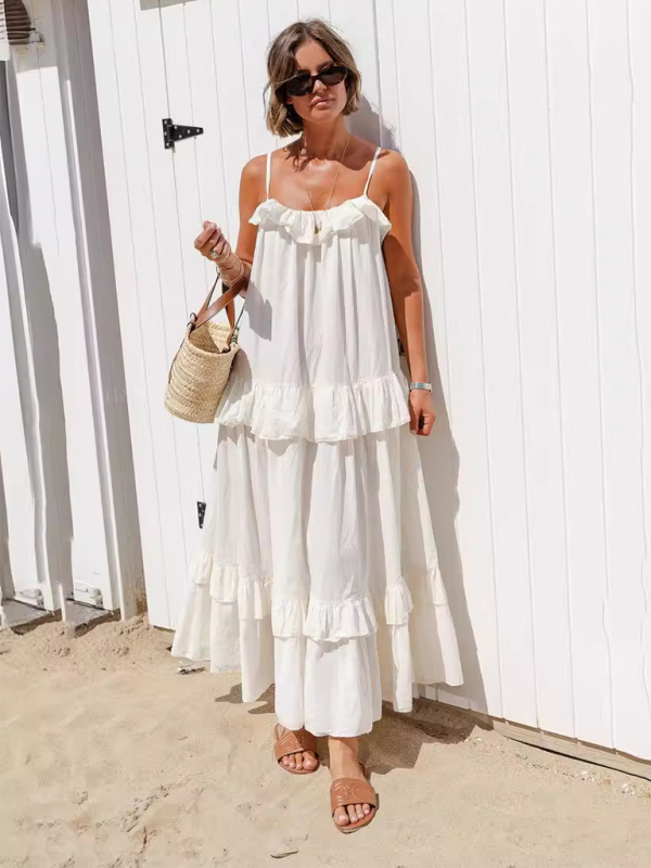 New holiday style ruffled long dress with long swing and elegant beach dress