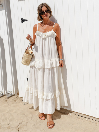 Neues langes Rüschenkleid im Urlaubsstil mit langem Schwung und elegantes Strandkleid 