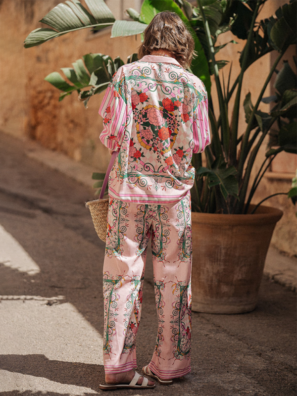 New long-sleeved casual vacation loose printed pocket two-piece suit