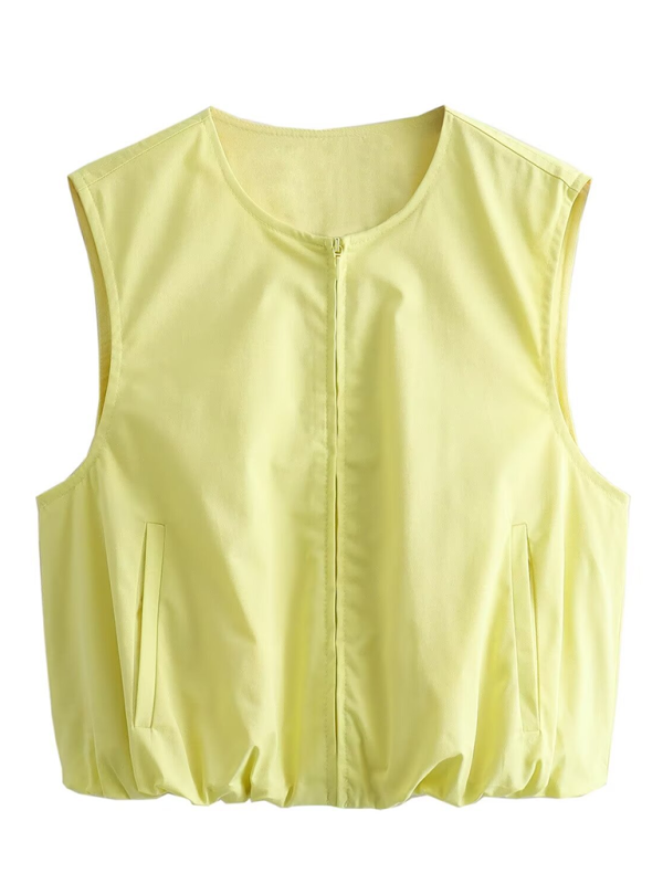 New round neck zipper pocket balloon short vest / pleated skirt