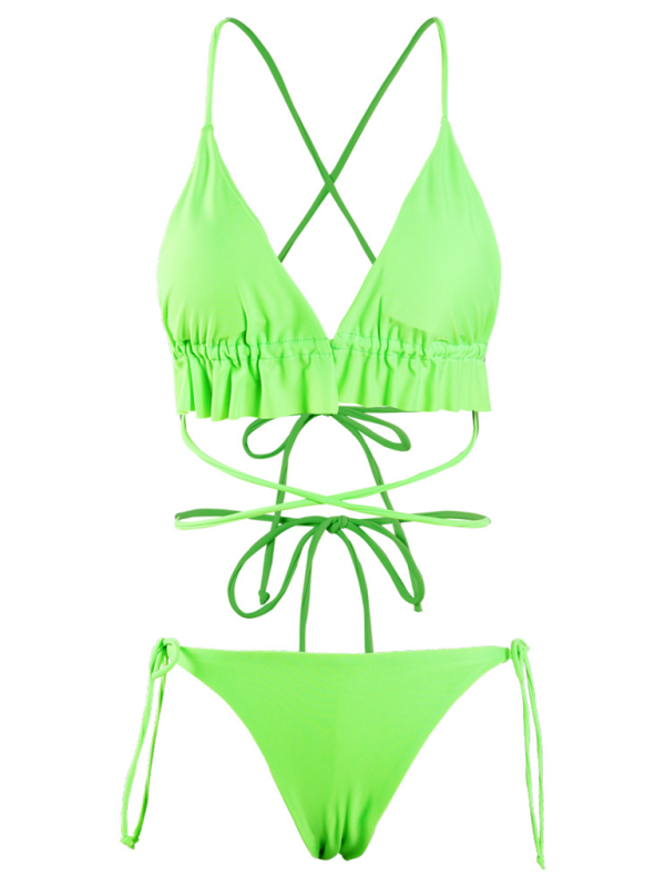New two-piece swimsuit solid color triangle two-piece long string bikini
