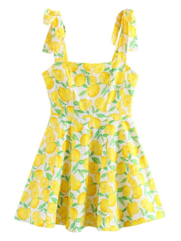 New Fashion Lemon Print Suspender Dress