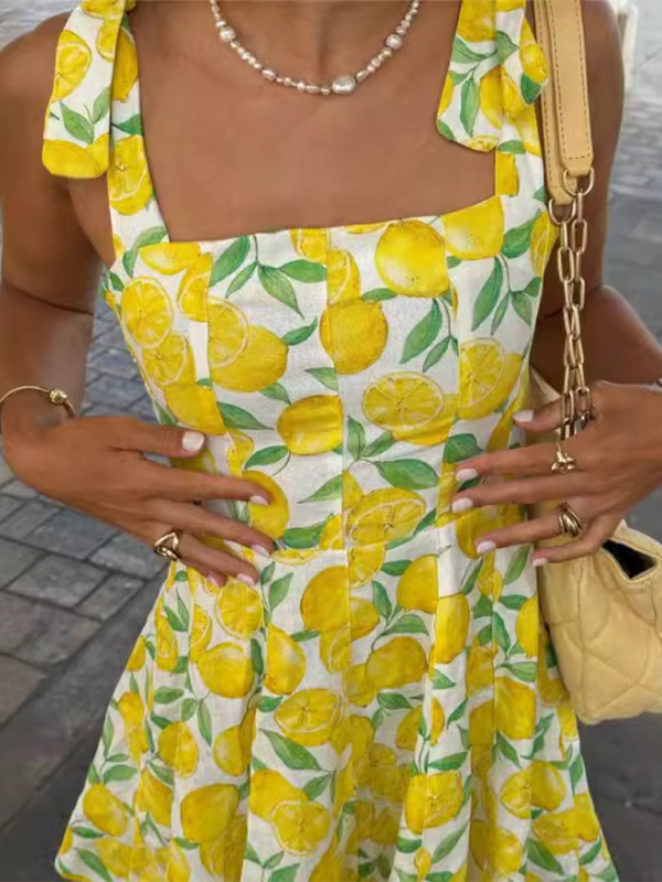 New Fashion Lemon Print Suspender Dress