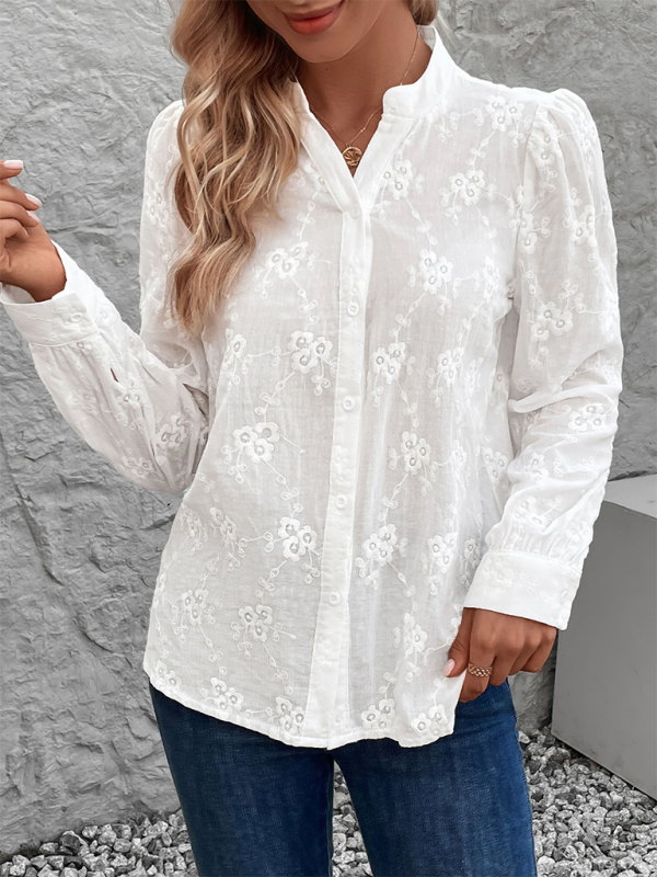 Damen Cardigan Shirt Langarm Hohles Spitzentop Jacquard Shirt 