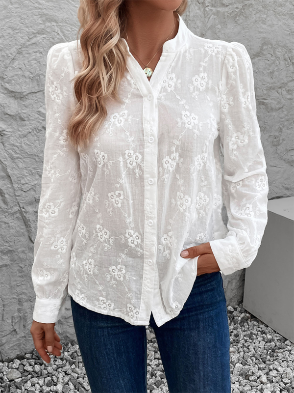 Damen Cardigan Shirt Langarm Hohles Spitzentop Jacquard Shirt 