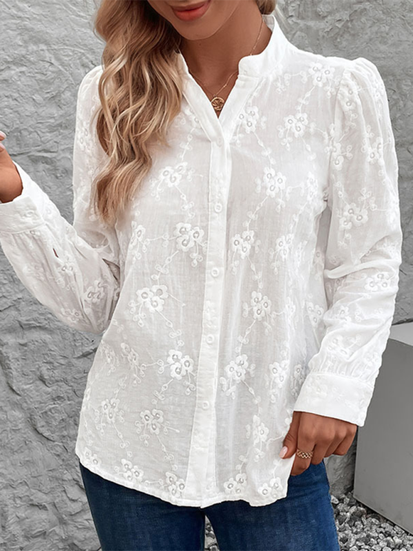 Damen Cardigan Shirt Langarm Hohles Spitzentop Jacquard Shirt 