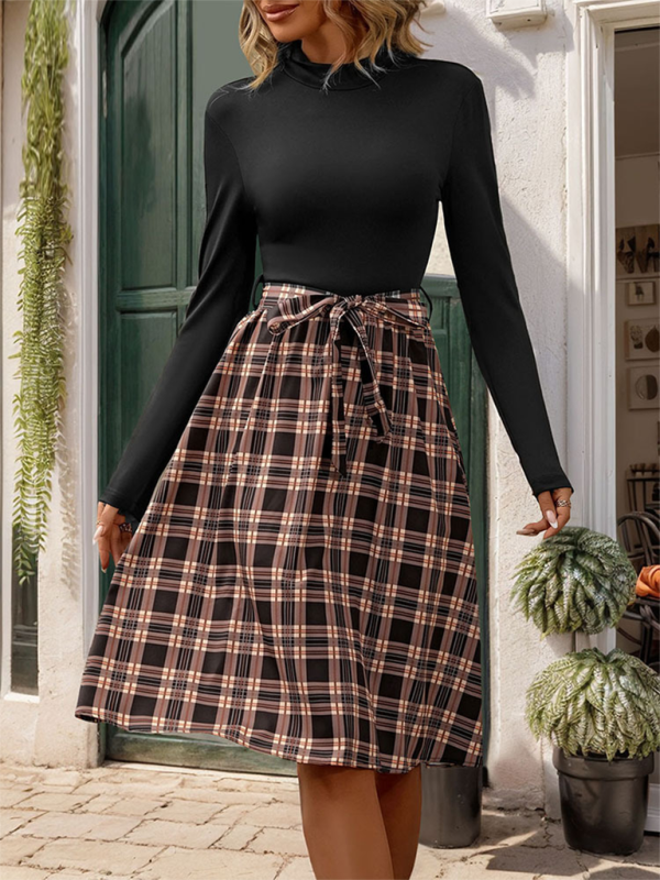 New style stand-up collar slim fit elegant plaid long skirt splicing dress