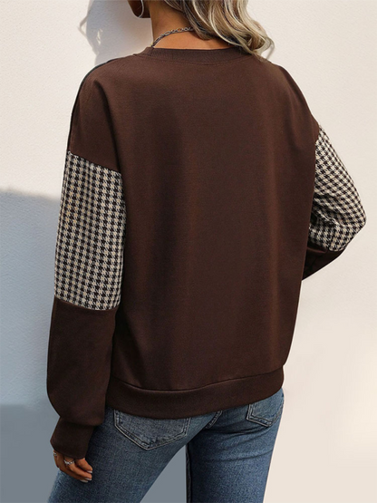 New color block contrast houndstooth sweater basic style casual round neck knitted top