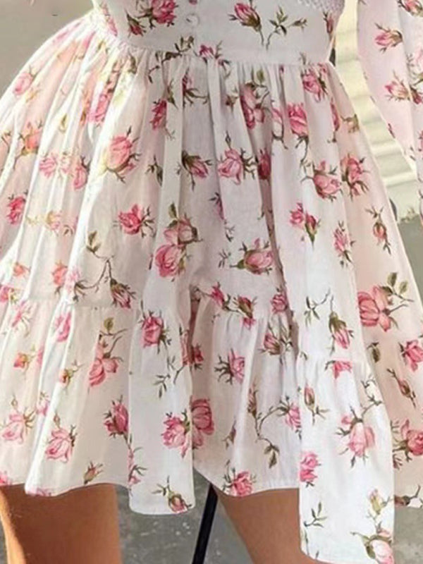 Neues süßes bedrucktes kurzes Spitzenkleid mit V-Ausschnitt