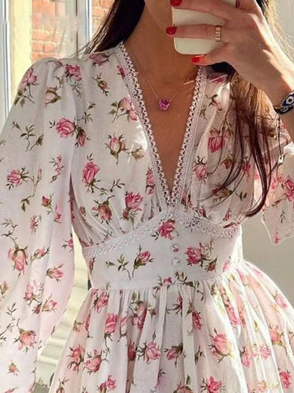 New Sweet Printed V-Neck Lace Short Dress