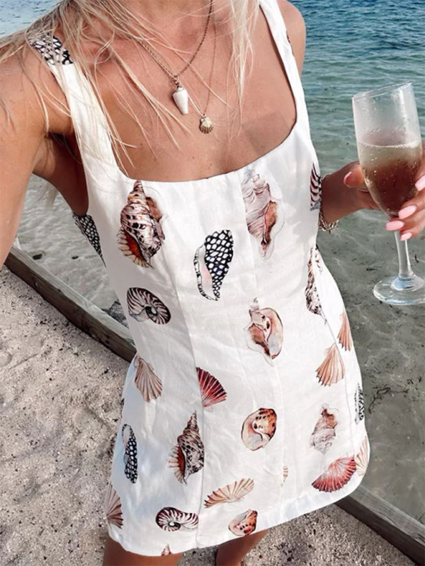 Neue stil hosenträger print kleid lässig urlaub mode frauen kleid 