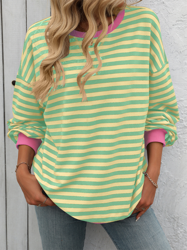 New Color Striped Round Neck Loose Sweatshirt Sweatshirt