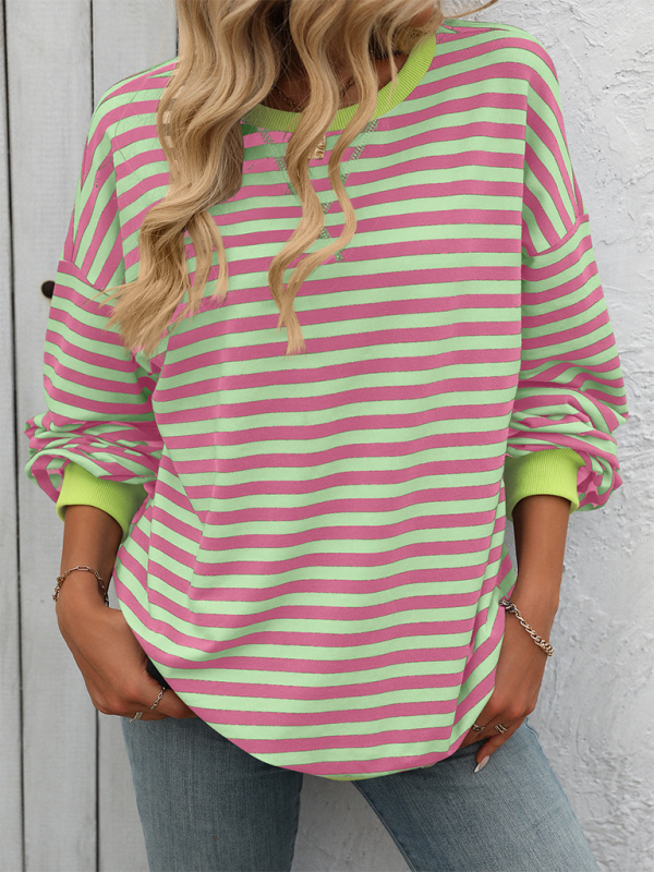 New Color Striped Round Neck Loose Sweatshirt Sweatshirt