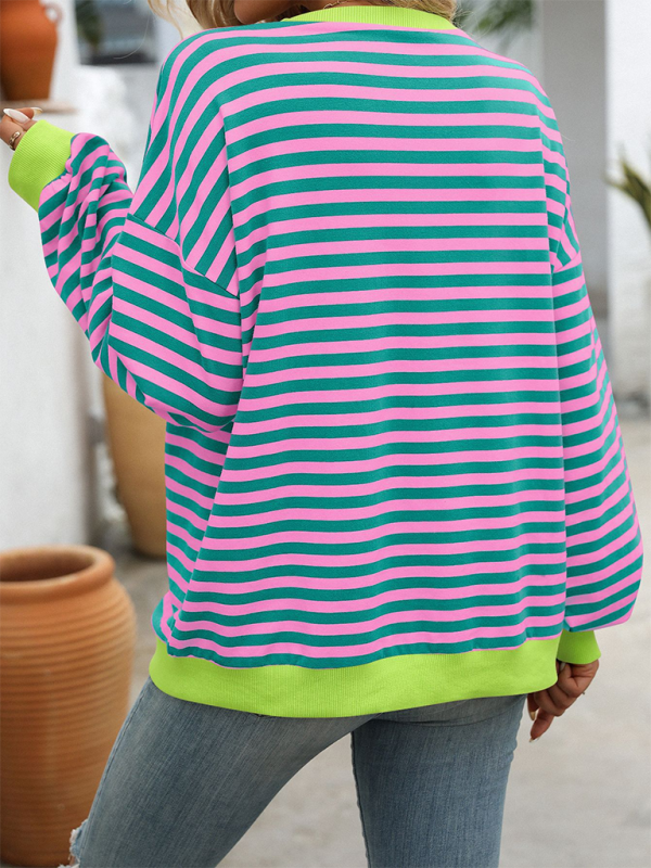 New Color Striped Round Neck Loose Sweatshirt Sweatshirt