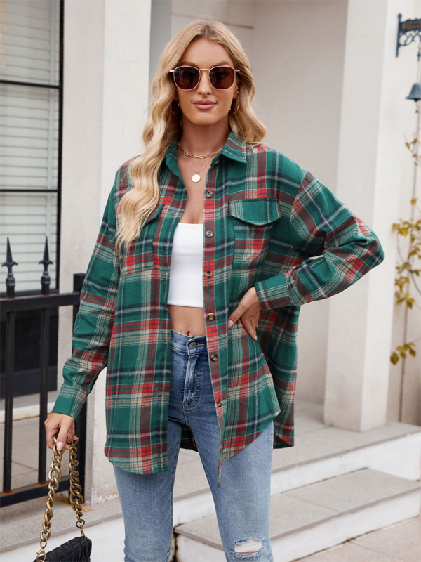 New Casual Fashion Loose Plaid Pocket Shirt