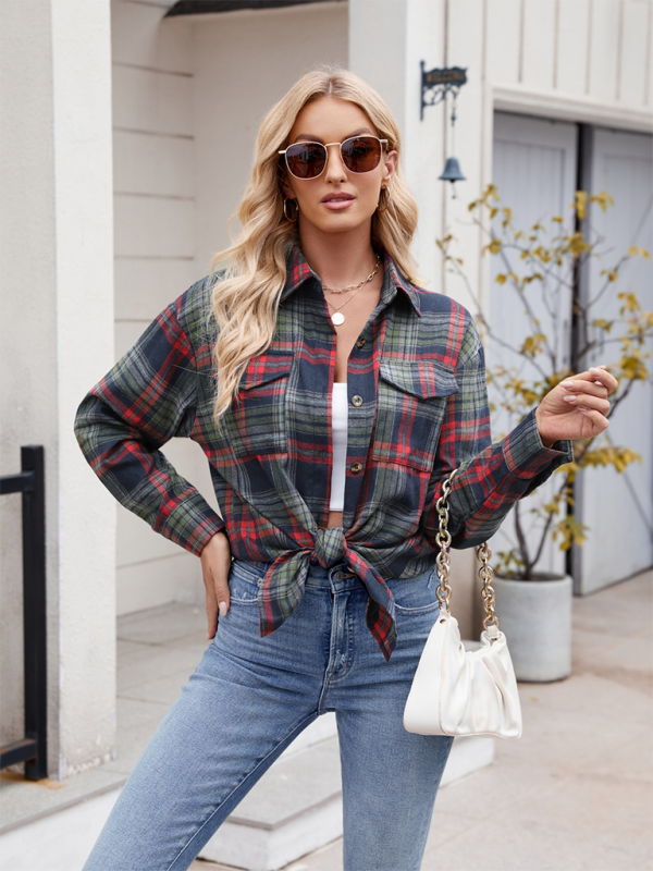 New Casual Fashion Loose Plaid Pocket Shirt