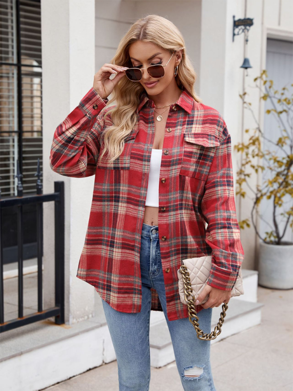 New Casual Fashion Loose Plaid Pocket Shirt