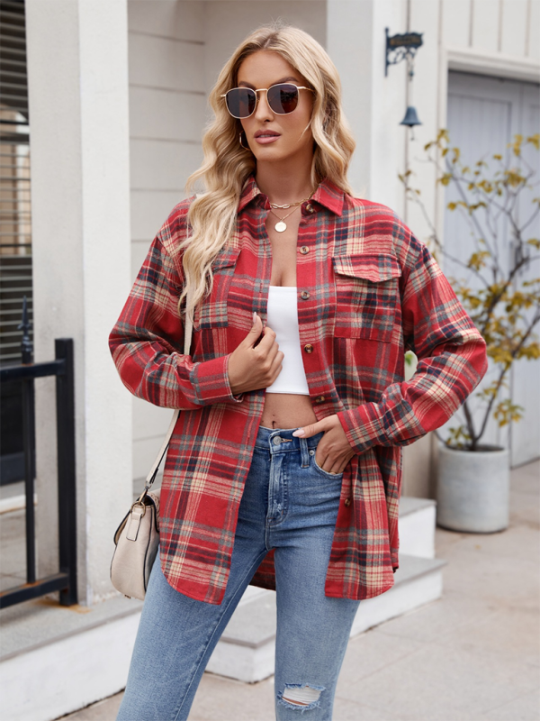 New Casual Fashion Loose Plaid Pocket Shirt