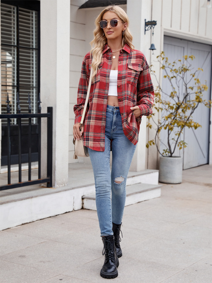 New Casual Fashion Loose Plaid Pocket Shirt