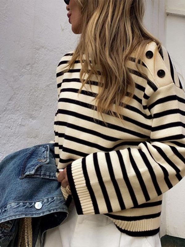 Modischer, lässiger Pullover mit Streifen in Kontrastfarbe für Damen