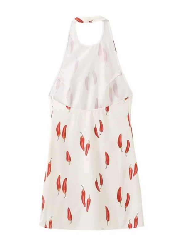 Sexy backless red pepper print sleeveless halterneck short dress