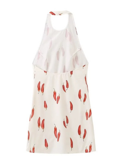 Sexy backless red pepper print sleeveless halterneck short dress