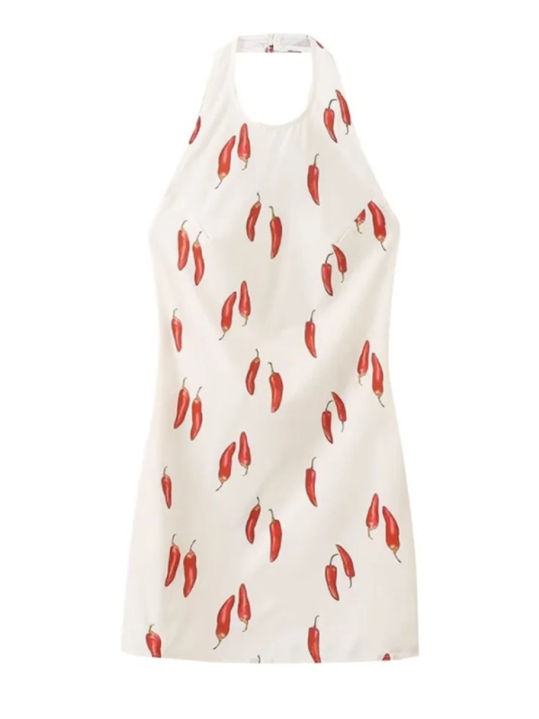 Sexy backless red pepper print sleeveless halterneck short dress