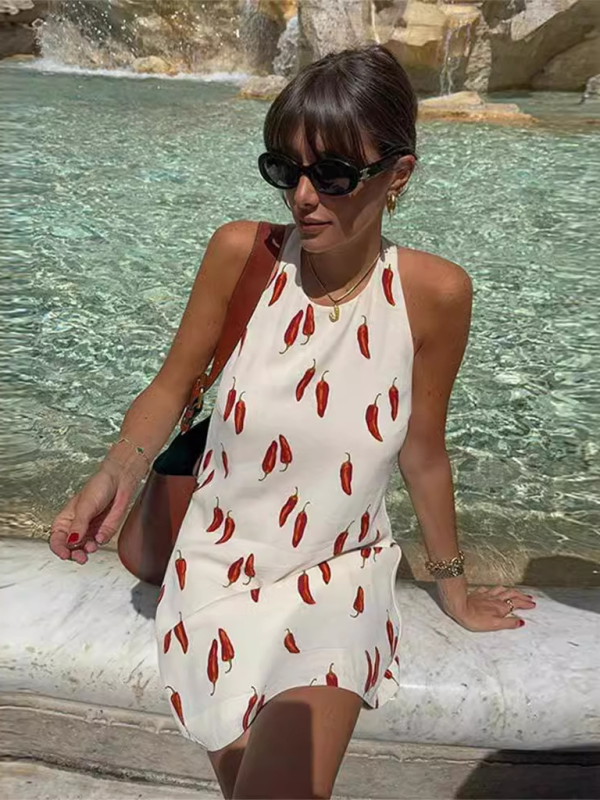 Sexy backless red pepper print sleeveless halterneck short dress