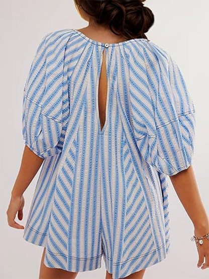 Short-sleeved striped jumpsuit, slim and casual, loose deep V wide-leg short jumpsuit