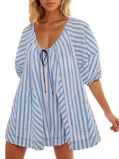 Short-sleeved striped jumpsuit, slim and casual, loose deep V wide-leg short jumpsuit