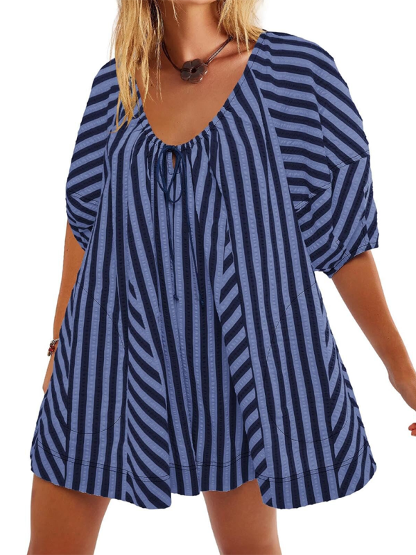 Short-sleeved striped jumpsuit, slim and casual, loose deep V wide-leg short jumpsuit