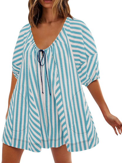 Short-sleeved striped jumpsuit, slim and casual, loose deep V wide-leg short jumpsuit