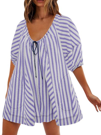 Short-sleeved striped jumpsuit, slim and casual, loose deep V wide-leg short jumpsuit