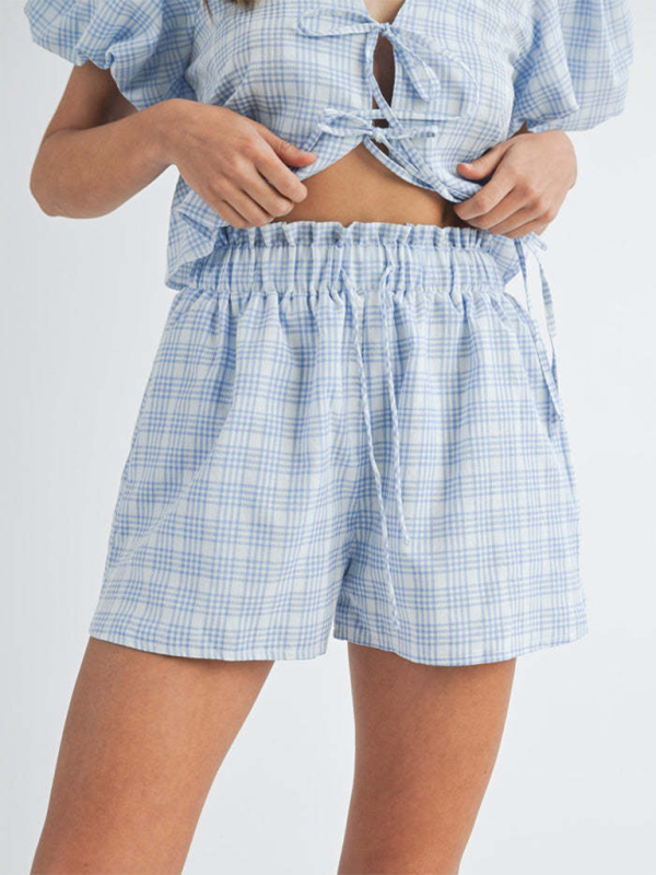 V-neck tie bow puff sleeve top casual shorts plaid two-piece suit