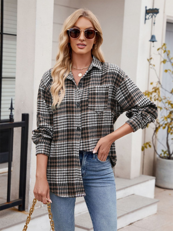 New Casual Fashion Houndstooth Button Flannel Tweed Shirt