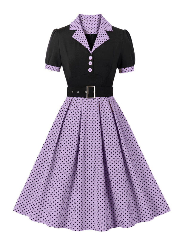 Damen neue Mode Polka Dot Revers Kurzarm Gürtel schlankes Kleid 