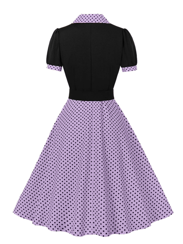 Ladies new fashion polka dot lapel short sleeve belt slim dress