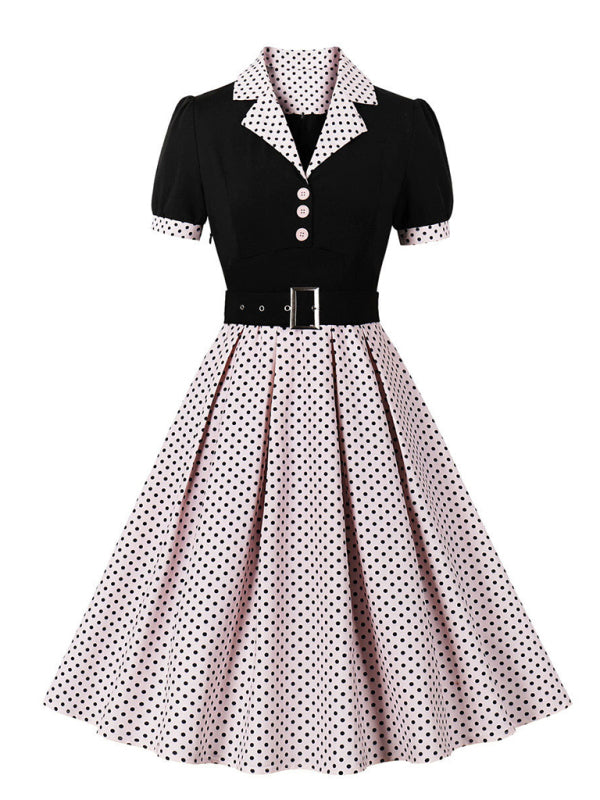 Damen neue Mode Polka Dot Revers Kurzarm Gürtel schlankes Kleid 