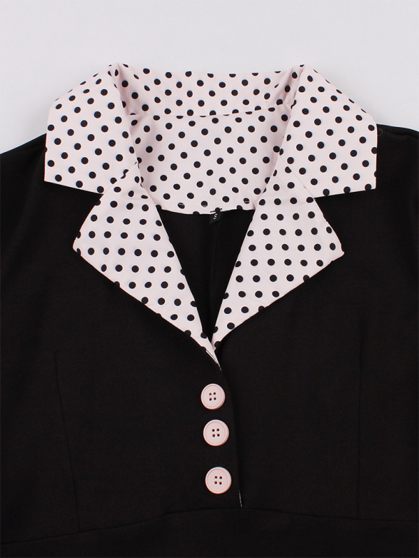 Damen neue Mode Polka Dot Revers Kurzarm Gürtel schlankes Kleid 