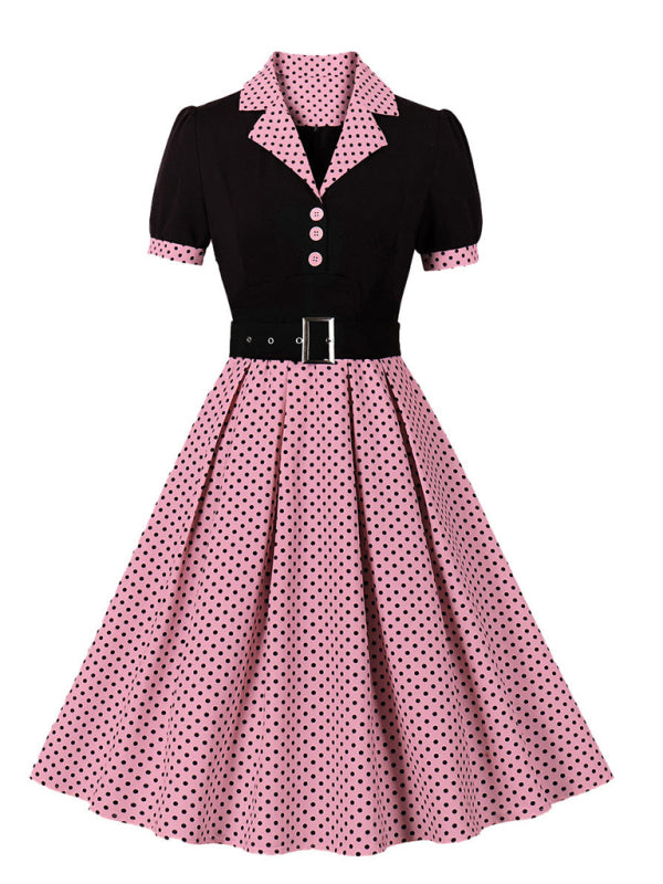 Ladies new fashion polka dot lapel short sleeve belt slim dress